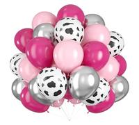 VGRDTW Cow Balloons 50PCS, Rose Red Pink & Cow Print Latex Balloons, Metallic Silver Light Pink for Cowgirl Birthday, Wild West Party, Bachelorette, Bride to Be Decorations (12 Inch)