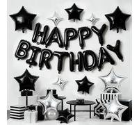VGRDTW Happy Birthday Banner Black and Silver Balloons Kit, 16 Inch Letter Banner & 12Pcs Star Foil Balloons Set, Adult Birthday Party Decorations for Men Women, Includes Straws & Ribbon