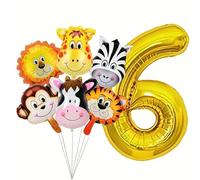 VGRDTW Jungle Safari Animal Balloons with Gold Number 6-6th Birthday Party Decoration Supplies, Zoo Theme Foil Balloons, 6 Animals & Number 6 Balloons for Wild Jungle Shower Decorations