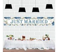 VGRDTW Just Married Decorations, Just Married Banner, Wedding Decorations, Blue Fabric Banner 35x200cm Wedding Party Backdrop, Romantic Bridal Shower Anniversary Decoration with Hanging Rope