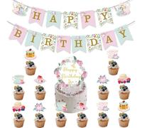 VGRDTW Tea Party Decorations Set, Afternoon Tea & Outdoor Birthday Decorations, Pink Adjustable Banner Bunting with Cake Topper for Garden Celebrations