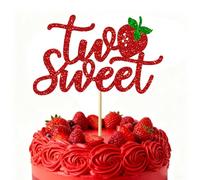 VGRDTW Two Sweet Strawberry Cake Topper 15.5x9.6cm Red Glitter Berry Cake Decorations for 2nd Birthday Party Supplies, Strawberry Theme Paper Topper with Happy 2nd Birthday Design