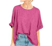 VgueElegc Bat Wing Asymmetric Hem Short Sleeve for Women Basic Casual Round Neck Loose T Shirt - Loose Belt Solid Color Shirt, Pink-red, L