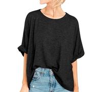 VgueElegc Bat Wing Asymmetric Hem Short Sleeve for Women Basic Casual Round Neck Loose T Shirt - Loose Belt Solid Color Shirt, Black, L