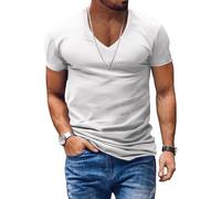 VgueElegc Men's Deep V Neck Athletic T-Shirts Low Cut Muscle Short Sleeve Slim Fit Cotton Undershirt, white, 3XL