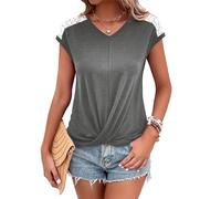 VgueElegc Women's V - Neck Lace Front Twisted Tunic Shirt - V Neck Twisted Shirt - Loose Knot Short Sleeve, grey, L