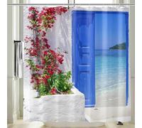 Vgzsyomqib 3D Beach Door View Shower Curtain Wet Room Waterproof Anti Mould Proof Resistant Fabric Extra Long 200cm Drop Blue Ocean Outdoor Garden Scene Bathroom Curtains Set with Hooks