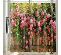 Vgzsyomqib 3D Floral Garden Shower Curtain Outdoor Fence Wet Room Waterproof Anti Mould Extra Wide 240 x 200 cm Picture Green Leaves Pink Flowers Outside Scene Bathroom Curtains Set with Hooks