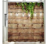 Vgzsyomqib 3D Garden Shower Curtain Outdoor Wet Room Waterproof Anti Mould Proof Fabric Long 180 x 180 cm Picture Brown Wood Fence Green Leaves Scene Bathroom Curtains Set with Hooks