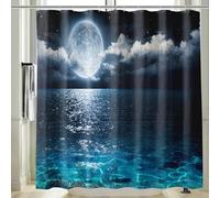 Vgzsyomqib 3D Night Moon View Shower Curtain Wet Room Waterproof Anti Mould Proof Resistant Fabric Long 180 x 180 cm Blue Ocean Black Sea Scene Bathroom Curtains Set with Hooks