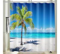 Vgzsyomqib 3D Tropical Beach Shower Curtain Wet Room Waterproof Anti Mould Proof Resistant Fabric Extra Long 180 x 200 cm Blue Ocean Sea Theme Scene Bathroom Curtains Set with Hooks