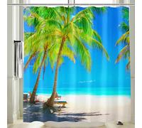Vgzsyomqib 3D Tropical Beach Shower Curtain Wet Room Waterproof Anti Mould Proof Resistant Fabric Long 180 x 180 cm Blue Ocean Green Palm Tree Scene Bathroom Curtains Set with Hooks