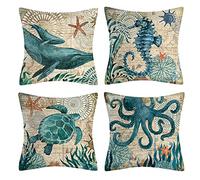 Vgzsyomqib Blue Ocean Cushion Covers 40cm x 40cm Square Soft Sea Turtle Octopus Whale Pillowcases 16x16 Inches Linen Decorative Seaside Throw Pillow Covers for Home Sofa Outdoor Set of 4