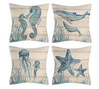 Vgzsyomqib Blue Ocean Cushion Covers 45 x 45 cm Square Soft Sea Whale Seahorse Pillowcases 18x18 Inches Linen Beige Decorative Seaside Throw Pillow Covers for Home Sofa Outdoor Set of 4
