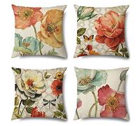Vgzsyomqib Colourful Flowers Cushion Covers 45 x 45 cm Nature Floral Pillowcases 18x18 Inches Linen Spring Patterned Throw Pillow Covers Pack for Indoor Home Bedroom Sofa Outdoor Set of 4