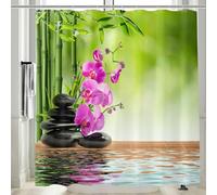 Vgzsyomqib Extra Long Shower Curtain for Wet Room Bath 180x200cm Drop Waterproof Anti Mould Proof Resistant Fabric Zen Stones Bamboo Bathroom Shower Curtains Washable with Hooks, Green Pink