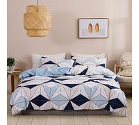 Vgzsyomqib Geometric Printed Duvet Cover Sets Double Size Soft Brushed Microfibre Nordic Geo Bed Quilt Covers Set with Zipper Closure Hotel Quality Check Striped Bedding Set for Kids Adult White Blue