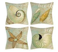 Vgzsyomqib Green Ocean Cushion Covers 40cm x 40cm Square Beach Sea Shell Starfish Pillowcases 16x16 Inches Linen Decorative Vintage Seaside Throw Pillow Covers for Home Sofa Outdoor Set of 4