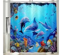Vgzsyomqib Ocean Dolphin Shower Curtain Wet Room Waterproof Anti Mould Proof Fabric Extra Long 180 x 200 cm Washable Navy Blue Underwater Fish Under the Sea Bathroom Curtains Set with Hooks