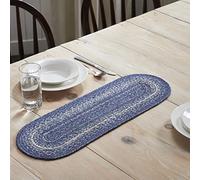 VHC Brands Great Falls, Braided Jute Table Runner, Oval, Blue, 8x25