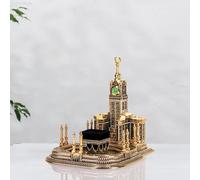 VHD Grand Mosque Replica Table Clock | Kaaba Figurine with Desk Clock | Islamic Table Desk Decor | Islamic Gift (Gold)