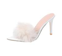 Vhersily 2024 Women's High Heel Feather Slipper Sexy Open Toe Medium Comfortable Elegant Fluffy Slippers Cutie Pin A, White, 8