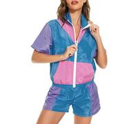 Vhersily 90s 80s Outfit, Women's Costume, Tracksuit, Stylish Patchwork Print, Short Sleeve Jacket, Coat, Short Trousers, Tracksuit, Year 80 Disco Costume for Carnival, Festival Outfit, blue, XL