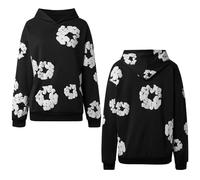 Vhersily Denim T-Ears Men’s 2-Piece Tracksuit with Hood and Trousers, Hip-Hop Streetwear Style with Foam Print, Sporty and Comfortable Tracksuit, Black Woman, M