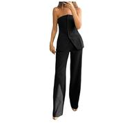 Vhersily Elegant Women's Suit Elegant Ceremony Complete Top Strapless Jumpsuit Set Summer Vest Office Trousers Jackets Two Pieces Elegant Suit, Black, XXL