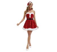 Vhersily Santa Costume for Women Christmas Dress Up Outfits Sexy Strapless Sequin Mini Xmas Hat Choker Beltt Mrs Claus Outfit Elegant Cosplay Holiday Parties and Festivities for Seasonal Celebrations