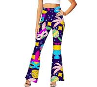 Vhersily Womens Deluxe Elephant Paw Pants Bootcut Disco Printed Carnival Trousers Flared 70s Hippie Pants Flared Pants 1960's Groovy Fancy, Pink, XL