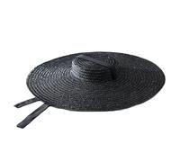VhoMes 15cm Wide Brim Straw Hat Flat Top Summer Beach Hats for Women Ribbon Boater Hat Sun Hat Gray Black Red Pink Blue with Chin Strap(Color:Black)