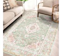 Vhong Washable Area Rugs Boho Vintage Modern Neutral Small Carpet Green and Pink High Traffic Rugs 4×6 for Dinning Room Living Room Bedroom Farmhouse Non Slip