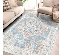 Vhong Washable Area Rugs Boho Vintage Neutral Modern Pale Blue 4x6 Non Slip Carpet for Living Room Dining Room Bedroom