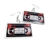 VHS Horror Earring Earrings Acrylic Drop I Have To Return Some Videotapes Cassette Tape VCR Scary Movies 1980s Classic Halloween Bloody Rental Tape Axe Scissors Knife Sword Teeth Ax Axe Dripping Cute
