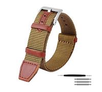 VHTDFEVXO Leather Watch Band, 20/22mm Vintage Nylon and Genuine Leather Splicing NATO Military Watchband Breathable Anti-Sweat Watch Strap for Dial Quartz(Khaki Silvery Clasp,22mm)
