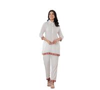 Vi VIHAAN IMPEX Women's White Cotton Tunic Set with Pants Embellished Trim, 3/4 Sleeve Casual Wear (White, XX-Large)