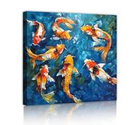 Via Vela Abstract Good Luck Koi Fish Canvas Wall Art Oil Painting Style Blue Ocean Artwork Prints Animal Posters Painting for Living Room Decor 80x80cm Innerframe