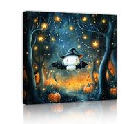 Via Vela Aesthetic Design Wall Art Halloween Night Fantasy Forest Poster Painting Mural Cute Bat Ghost Canvas Print Artwork for Study Decor 40x40cm Innerframe