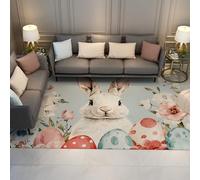 Via Vela Aesthetic Spring Baby Blue Rugs 60x120cm Rabbit Machine Washable Non Slip Rug Stain Resistant Floral Carpet for Guest Room Easter Egg Low Pile Thin Rug Bedroom Indoor Easter Door Mat