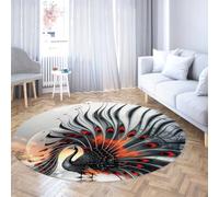 Via Vela Animal Theme Large Round Rug 100cm Black and Red Elegant Peacock Non-Slip Indoor Washable Throw Circle Carpet for Mudroom Apartment Home