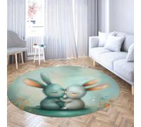 Via Vela Animal Theme Washable Non-Slip Round Rug 100cm Cute Rabbit Couple Print Home Decor Non-Slip Large Circle Carpet for Study Room Dining Room