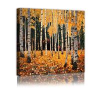 Via Vela Autumn Birch Forest Canvas Wall Art Yellow Leaves Abstract Nature Painting Textured Retro Landscape Poster for Living Room Bedroom Decor 60x60cm