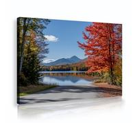 Via Vela Autumn Mountain Lake Canvas Prints Red Trees Nature Landscape Framed Picture Country Road Poster Wall Art for Office Cafe Lounge Decor 70x105cm