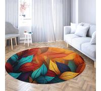 Via Vela Autumn Style Washable Round Rug 80cm Watercolor Colorful Leaves Pattern Non-Slip Thin Indoor Low Pile Floor Carpet for Entryway Dining Room