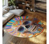 Via Vela Boho Style Round Rug 150cm Day of the Dead Colorful Sugar Skull Pattern Non-slip Indoor Washable Throw Circle Carpet for Mudroom Apartment