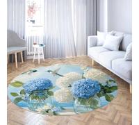 Via Vela Botanical Floral Round Rugs 120cm Blue Hydrangea Flower Hummingbird Birds Circular Rugs Machine Washable Non Slip Carpet Large Thin Low Pile Stain Resistant Throw Mat for Living Room Bedroom