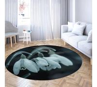 Via Vela Botanical Round Rugs 100cm White Blossom Non Slip Circular Rugs Foldable Living Room Rug Thin Machine Washable Carpet Office Large Dormitory Nature Nursery Low Pile Elegant Throw Mat