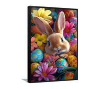 Via Vela Bunny Easter Art Canvas Cute Rabbit Eggs and Flowers Wall Decor Canvas Picture Prints Artistic Posters for Bathroom Bedroom Home Decor 40x60cm with Black Frame