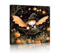Via Vela Cartoon Style Mural Halloween Cute Spooky Owl Canvas Wall Art Mysterious Forest At Night Poster Painting Artwork for Nursery Decor 20x20cm Innerframe